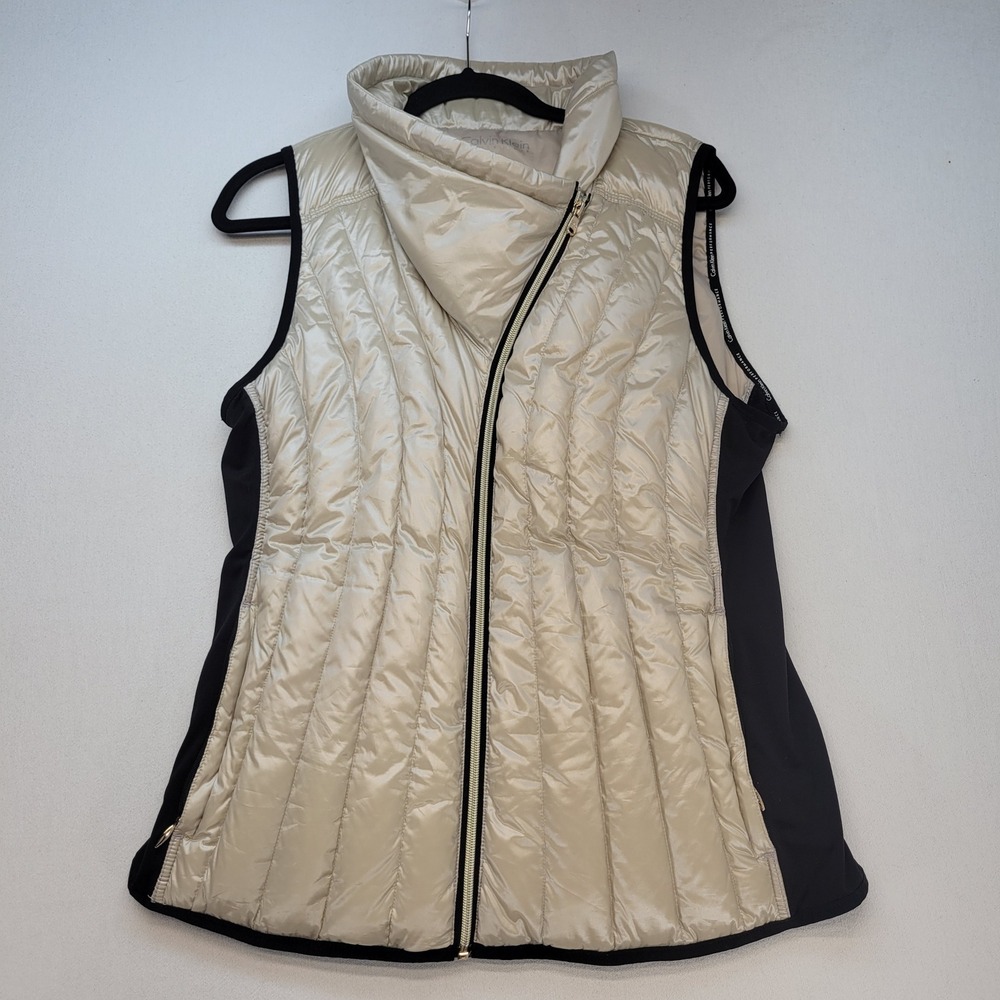 Calvin Klein Puffer Vest Womens L Champagne Down Asymmetrical‎ Zip Performance